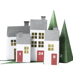 Panduro Design Adventskalender, kalenderhus & granar med härlig vinterstämning. Papper, 24 st. + 24 stickers 1–24
