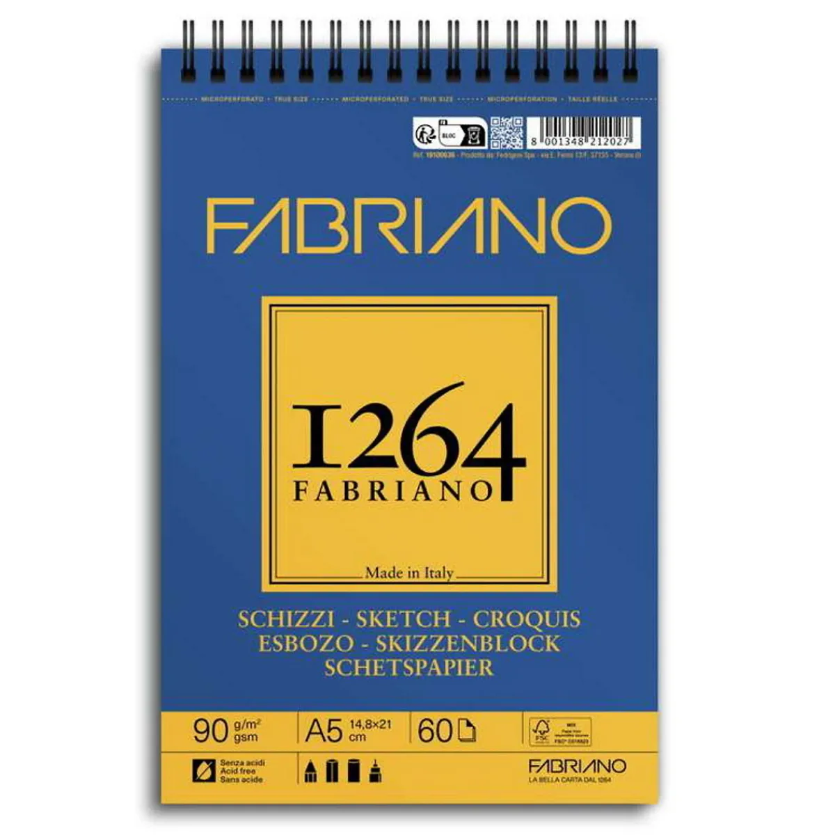Fabriano spiralbundet skissblock F-1264 A5 (148×210 mm), 60 ark, 90 g/m² | Block