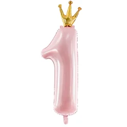 PartyDeco Folieballong 100 cm hög, siffran 1 rosa med guldkrona – perfekt till 1-årskalaset! | Barn Ballonger