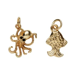 Panduro Jewellery 2 guldfärgade hängen charms, bläckfisk med svarta ögon 15,5×12 mm, fisk 10×14 mm