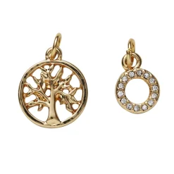 Panduro Jewellery 2 guldfärgade hängen charms, cirkel med strass Ø8 mm, träd Ø13 mm | Metallhängen