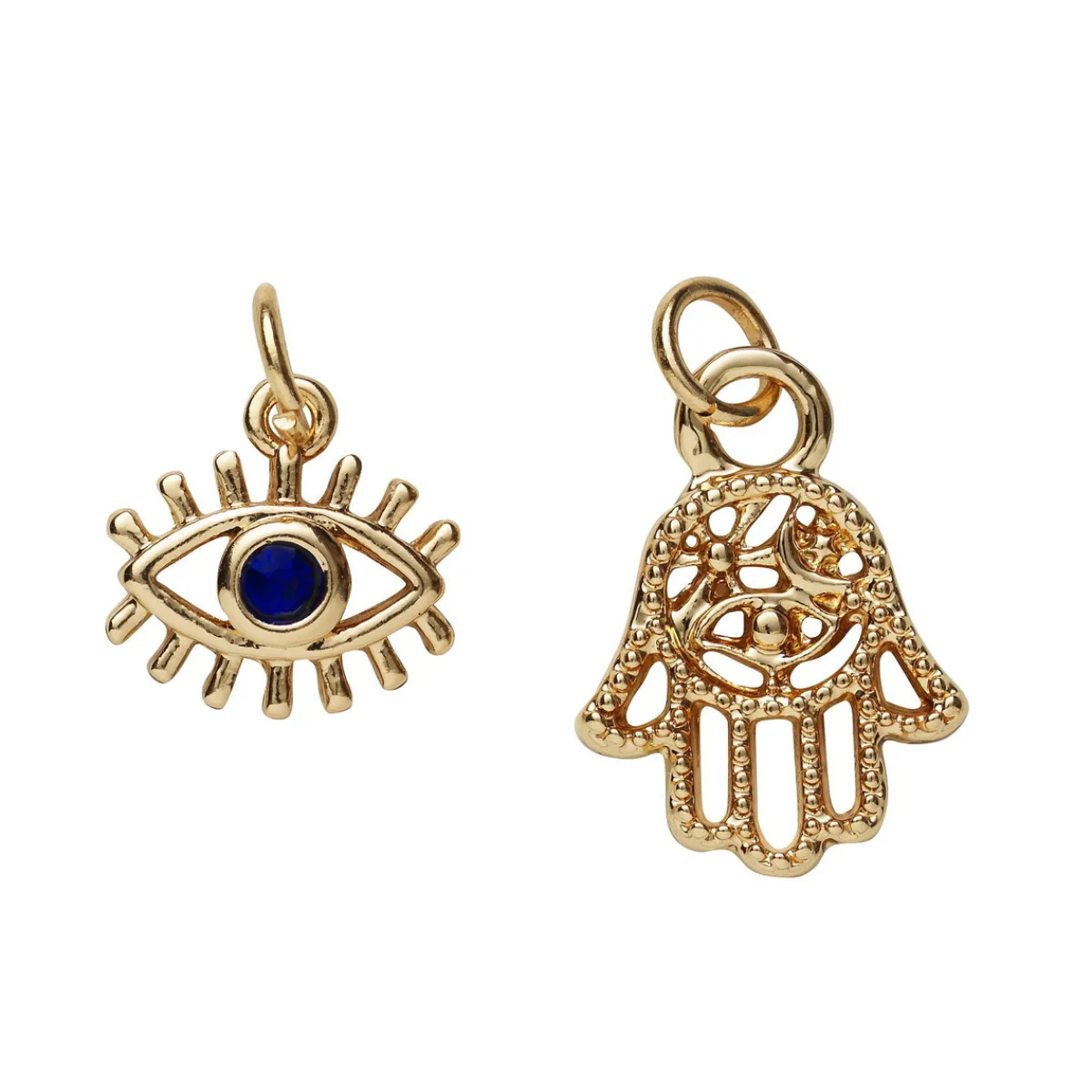 Panduro Jewellery 2 guldfärgade hängen charms, hand med strass 15,×12 mm, öga med strass 11×8 mm