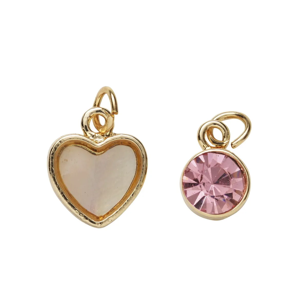Panduro Jewellery 2 guldfärgade hängen charms, hjärta pärlemorlook 11,4×12,3 mm, cirkel strass Ø10 mm | Metallhängen