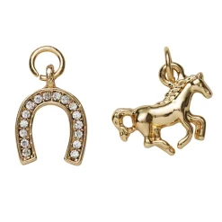 Panduro Jewellery 2 guldfärgade hängen charms, häst 15,3×12,2 mm, hov med strass 10×13 mm