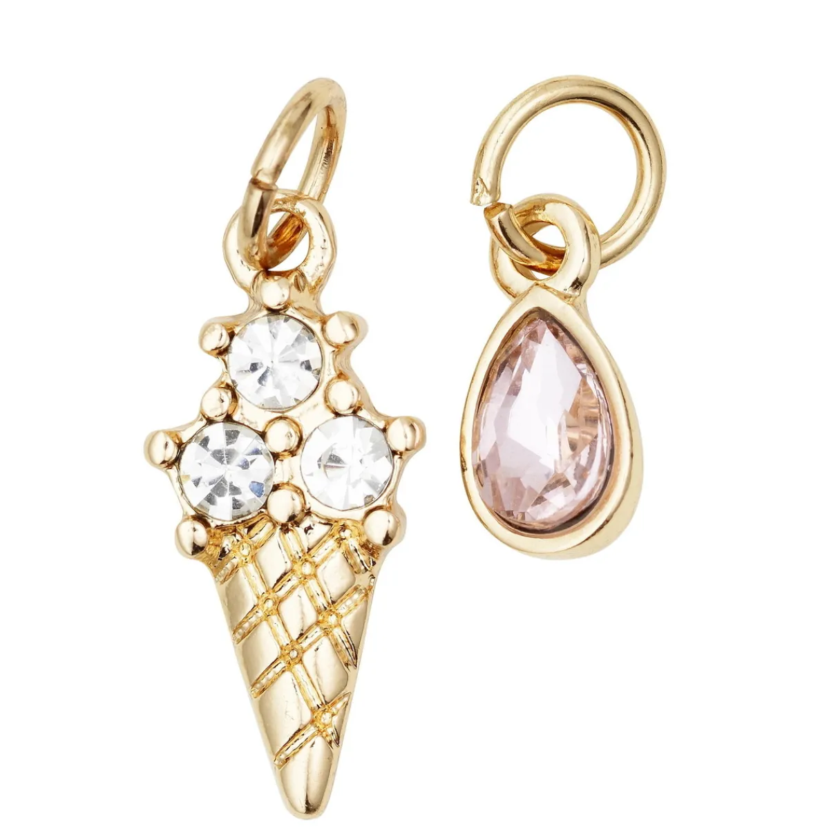 Panduro Jewellery 2 guldfärgade hängen charms med strass, glass 8×15,5 mm, droppe 5×7,5 mm | Metallhängen