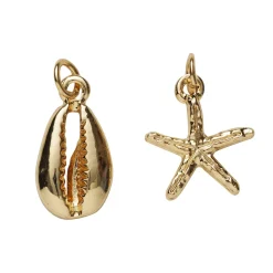 Panduro Jewellery 2 guldfärgade hängen charms, sjöstjärna Ø15 mm, snäcka 10×14 mm | Metallhängen