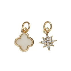 Panduro Jewellery 2 guldfärgade hängen charms, stjärna med strass Ø9 mm, blomma vitt center Ø10 mm
