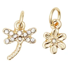 Panduro Jewellery 2 guldfärgade hängen charms, trollslända med strass 10×9 mm, blomma 7×7 mm | Metallhängen