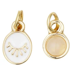 Panduro Jewellery 2 guldfärgade hängen charms, vitt öga 7×9 mm, rosa sten av kvarts Ø7 mm