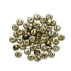 Panduro Jewellery 130 guldiga bokstavspärlor A–Z med svarta bokstäver, Ø7 mm | Akrylpärlor
