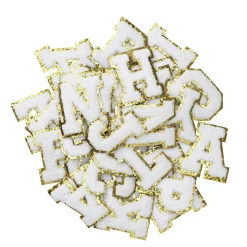 Panduro Hobby Iron-On bokstäver, vita med guldglitter, 40 st. A–Z, längd 6 cm | Iron-Ons