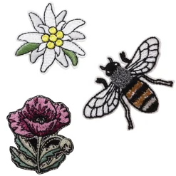 Panduro Hobby Iron-on tygmärke 2 blommor och 1 stort bi som är 70×45 mm