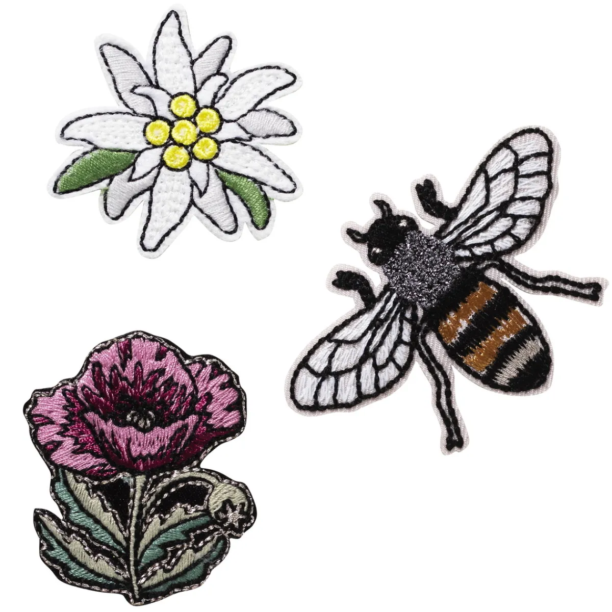 Panduro Hobby Iron-on tygmärke 2 blommor och 1 stort bi som är 70×45 mm