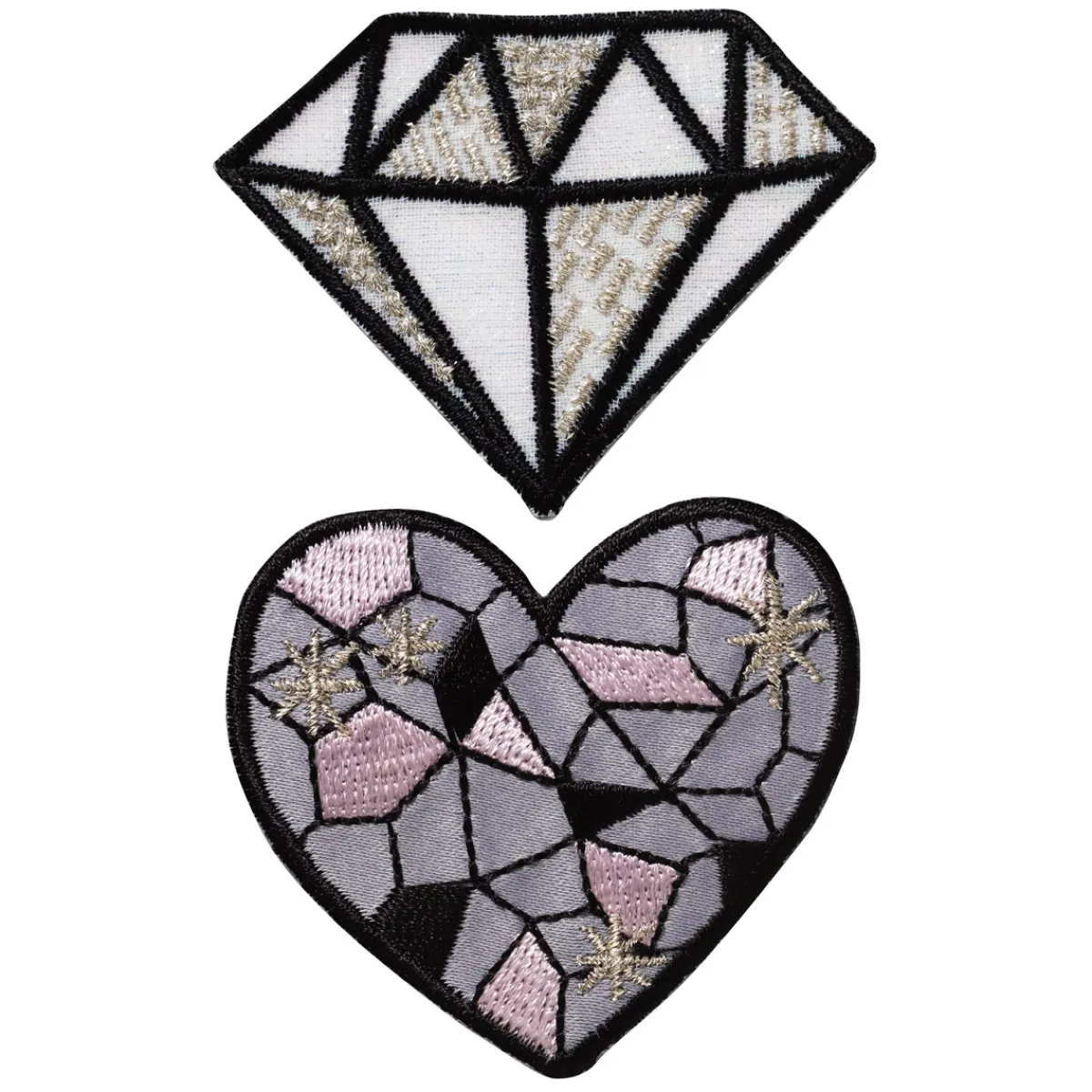 Panduro Hobby Iron-on tygmärke 1 diamant & 1 hjärta med silver och glitter. 60×45 mm / Ø55 mm
