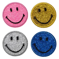 Panduro Hobby Iron-on tygmärke 4 glittande smileys i 4 olika färger Ø40 mm