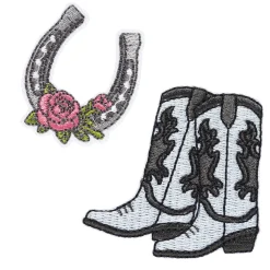 Panduro Hobby Iron-on tygmärke 2 st. Cowboyboots 55×55 mm & hästsko med blomma 35×40 mm
