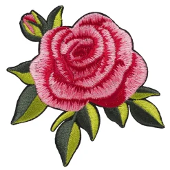 Panduro Hobby Iron-on tygmärke stor och glänsande rosa ros med gröna blad, 70×75 mm