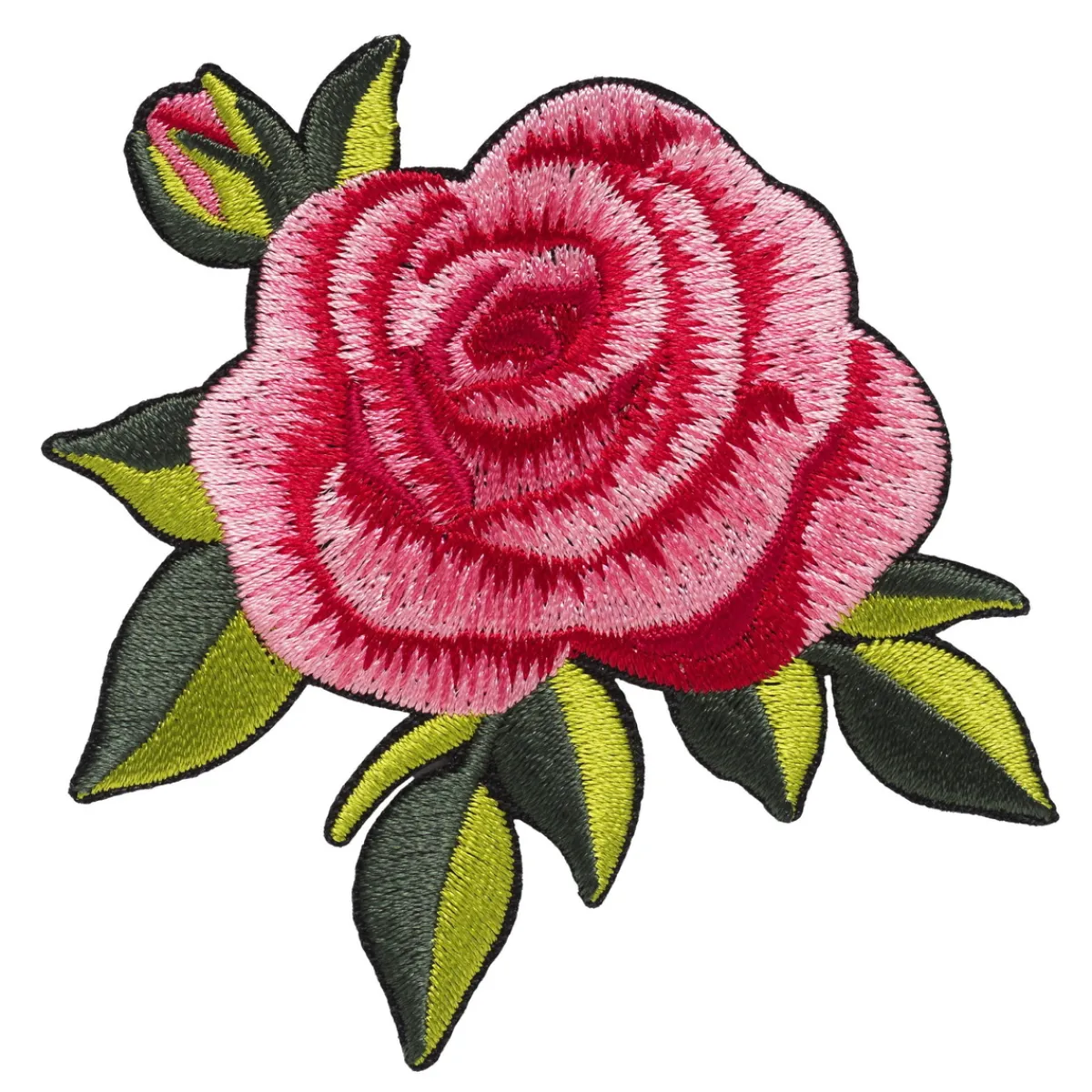 Panduro Hobby Iron-on tygmärke stor och glänsande rosa ros med gröna blad, 70×75 mm