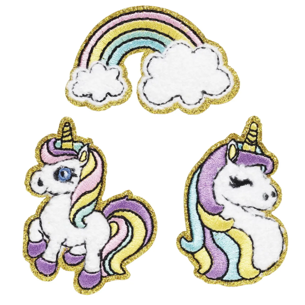 Panduro Hobby Iron-on tygmärke unicorns 3 st. 2 toksöta enhörningar & 1 regnbåge med guldglitter, 35–50 × 30–50 mm | Iron-Ons