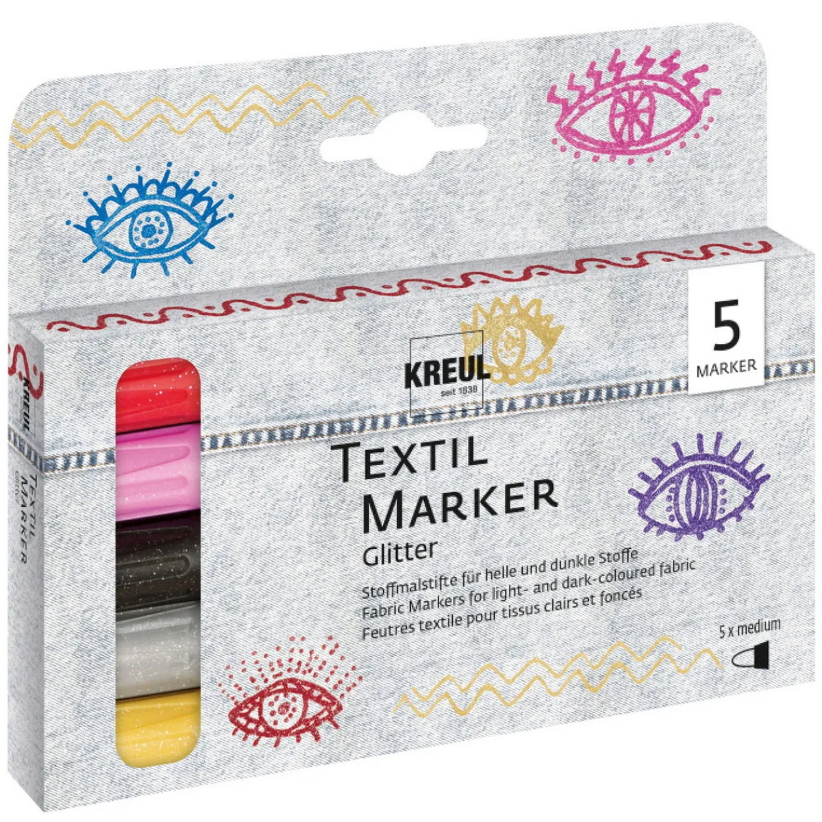 Kreul textil-markers 5-pack Glitter – pennor med textilfärg för ljust & mörkt tyg