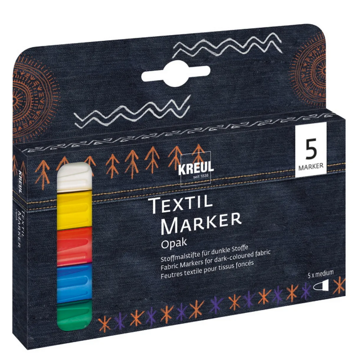 Kreul textil-markers 5-pack Opak – pennor med textilfärg för ljust & mörkt tyg | Textilpennor