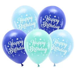PartyDeco Latexballonger 5-pack Ø26 cm – blått tema med texten Happy Birthday | Barn Ballonger