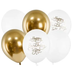 Barn PartyDeco Latexballonger 6-pack Ø30 cm – vita & guldiga med texten Happy birthday