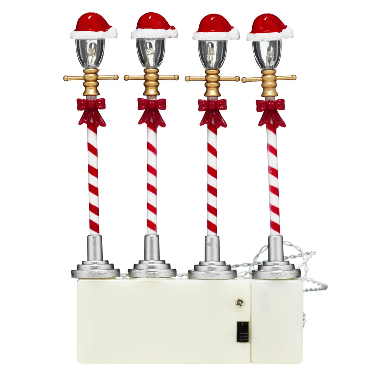 Panduro Hobby 4 lyktstolpar med LED-ljus & tomteluva! 10 cm höga. Drivs av 2 AA-batterier (ingår ej)
