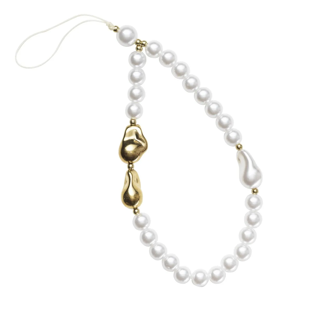 Panduro Jewellery Mobilkedja, mobilrem 17 cm – pärlemorskimrande pärlor & 2 stora guldpärlor