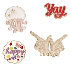 Panduro Hobby Pins, badges, 4 st. guldiga & färgglada små mini-broscher med attityd och en manet! | Övrig Textildekor
