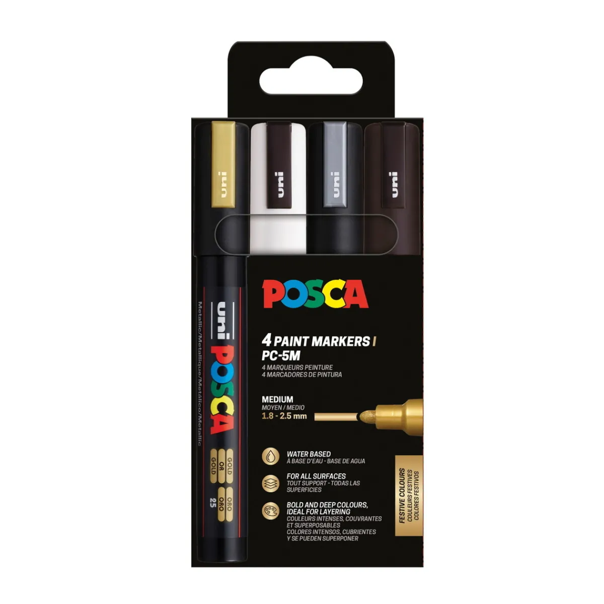 Posca PC-5M 4-pack – silver / guld / svart / vit (1,8-2,5 mm) | Tuschpennor & Markers