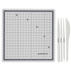 Panduro Hobby 4 praktiska lerverktyg, L. 17 cm + rutmönstrad skärmatta med arbetsyta 18×18 cm