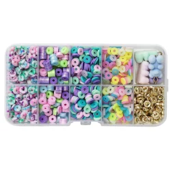 Panduro Jewellery Pärlmix med pastellfärgade heishi-pärlor, 4 nalle-charms + mellandelar | Akrylpärlor