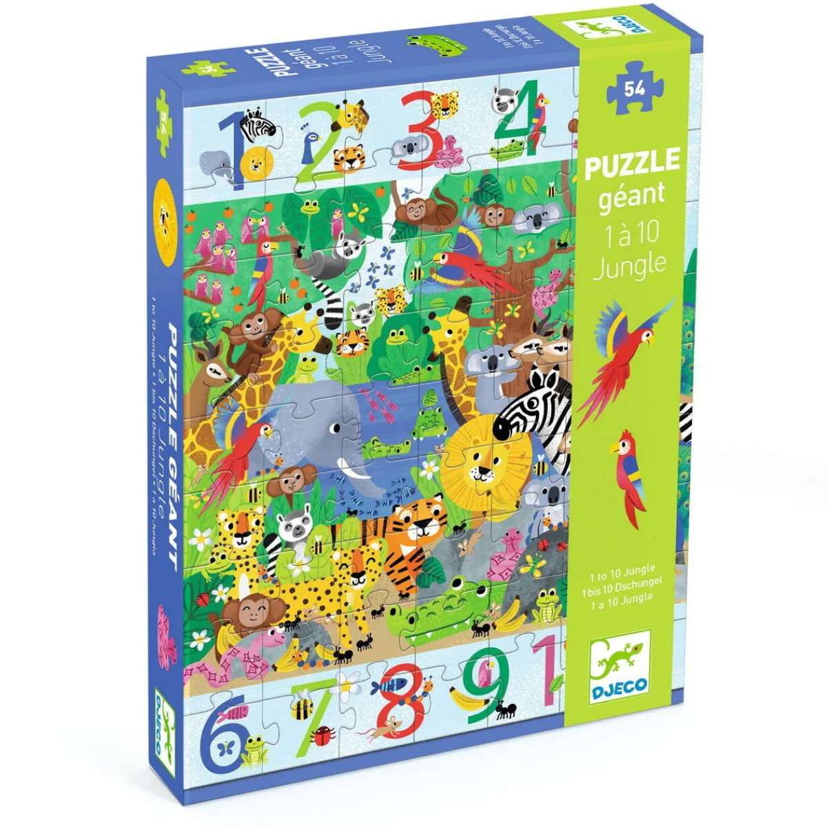 Djeco Pussel 1 to 10 Jungle, matematik + barnpussel med 54 bitar, 52×70 cm | Barn Barnpussel