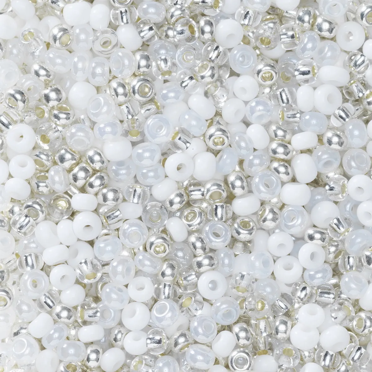 Preciosa Rocaillespärla 9/0 mix silver, vitt & glas, 30 gram glaspärlor à Ø2,4–2,8 mm