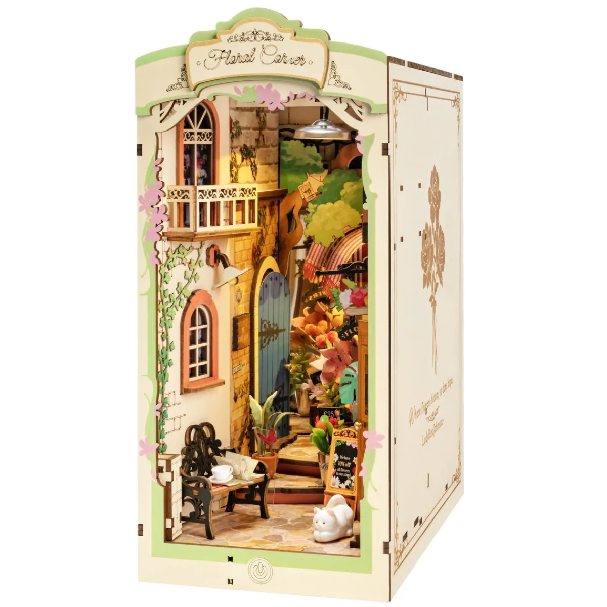 Robotime Rolife DIY Bookend Floral Corner miniatyr diorama – TGB09, 108×190×240 mm | Grundsatser