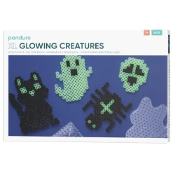 Panduro Iron Beads Rörpärlor XL kit Glowing Creatures – 600 svarta & självlysande XL-pärlor + 2 pärlplattor | Barn Rörpärlor Xl