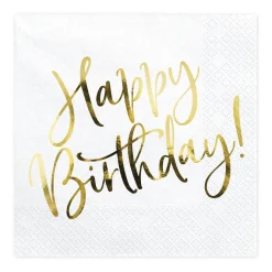 Barn PartyDeco Servetter, 20-pack med text i guldmetallic: Happy Birthday – 16,5×16,5 cm
