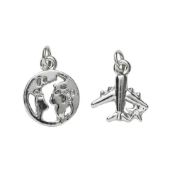 Panduro Jewellery 2 silverfärgade hängen charms jordglob Ø12 mm, flygplan 13×15 mm