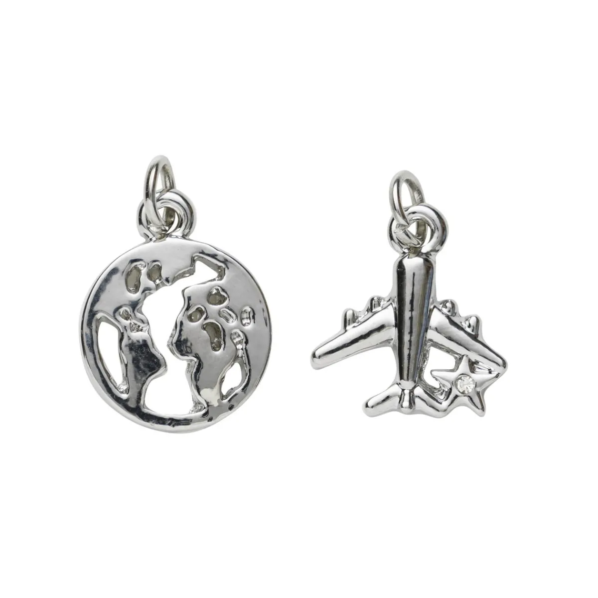 Panduro Jewellery 2 silverfärgade hängen charms jordglob Ø12 mm, flygplan 13×15 mm