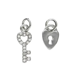 Panduro Jewellery 2 silverfärgade hängen charms lås 8×10 mm, nyckel strass 6,5×16,8 mm | Metallhängen