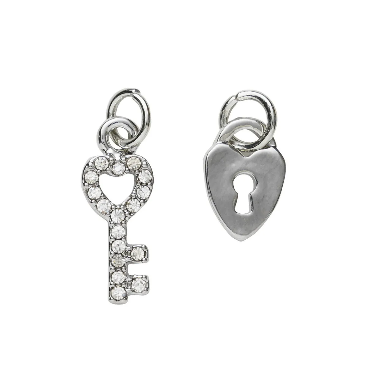 Panduro Jewellery 2 silverfärgade hängen charms lås 8×10 mm, nyckel strass 6,5×16,8 mm | Metallhängen