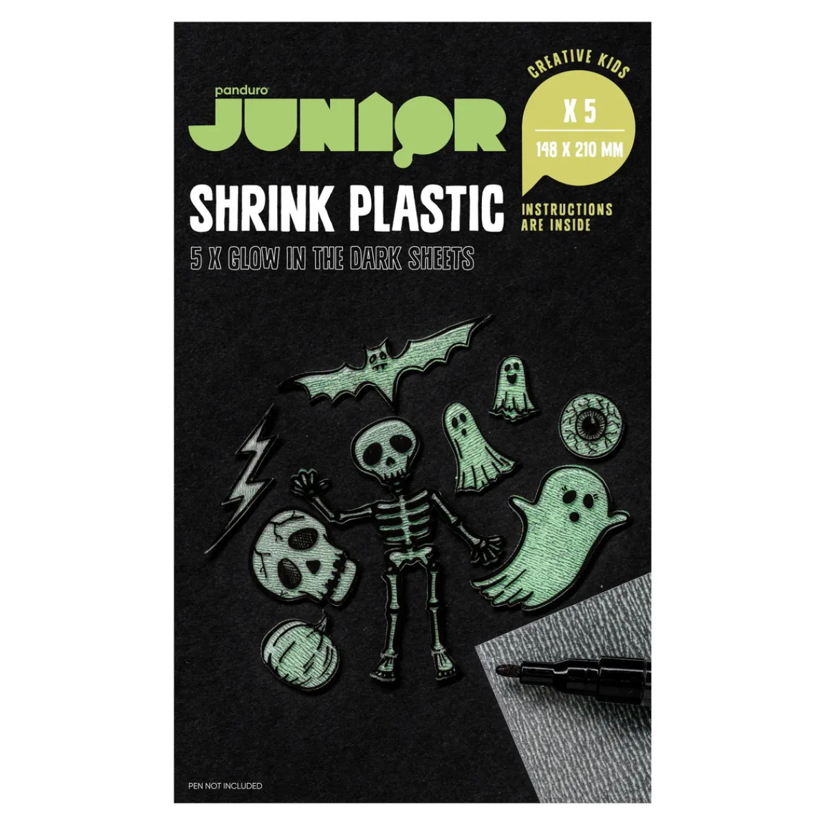 Panduro Hobby Självlysande glow in the dark krympplast – 5 ark A5 (148x210 mm) | Barn Krympplast