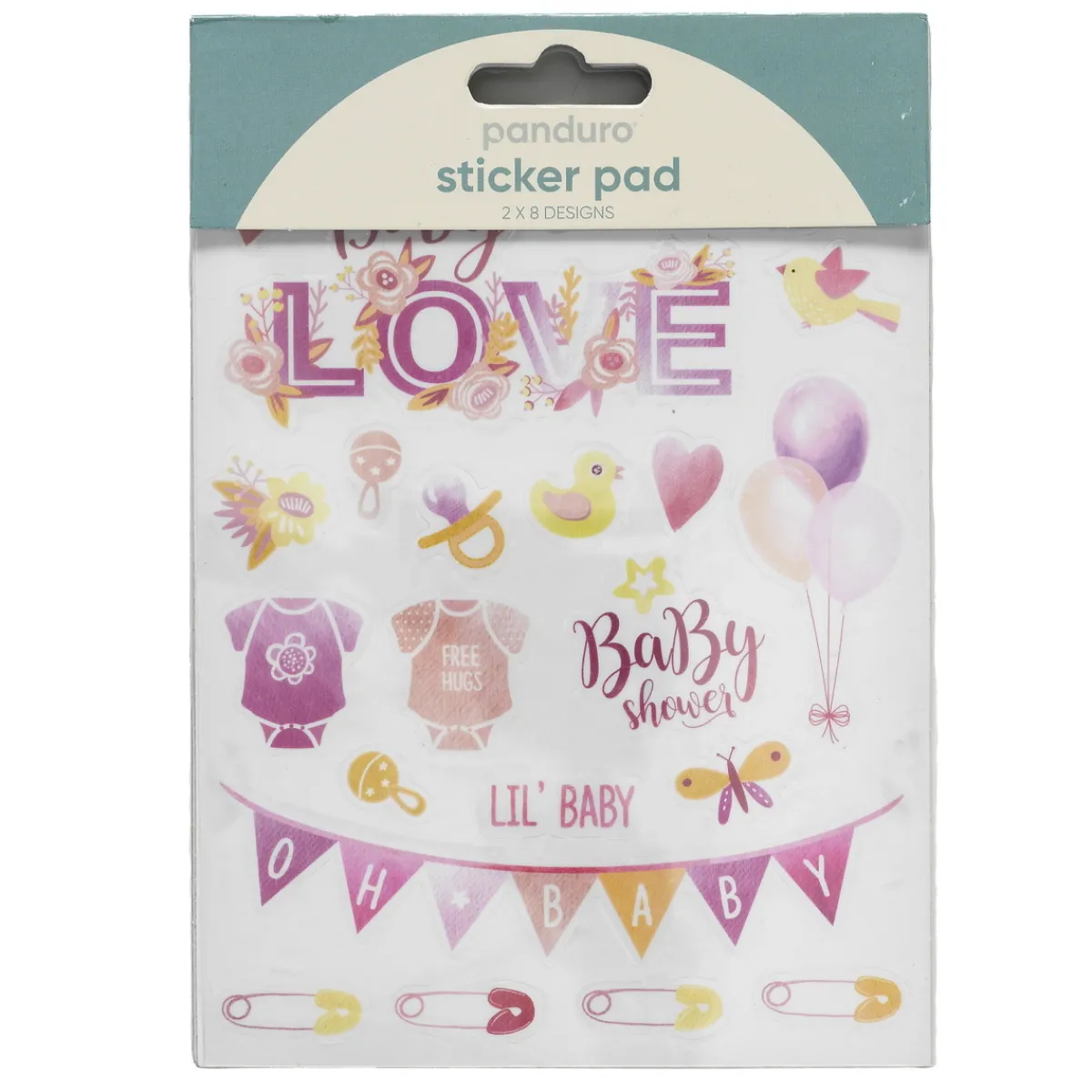 Panduro Hobby Stickersblock 16 ark Baby Pink – rosa baby-tema. 2×8 designer | Pappersstickers