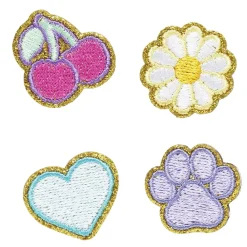 Panduro Hobby Stickers, 4 st. broderade klistermärken – Körsbär, blomma, hjärta & tass | Övrig Textildekor