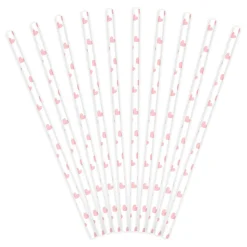 Barn PartyDeco Sugrör av papper 10-pack, vita med rosa hjärtan. Längd 19,5 cm