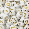 Panduro Jewellery 130 vita bokstavspärlor A–Z med guldiga bokstäver, Ø7 mm | Akrylpärlor