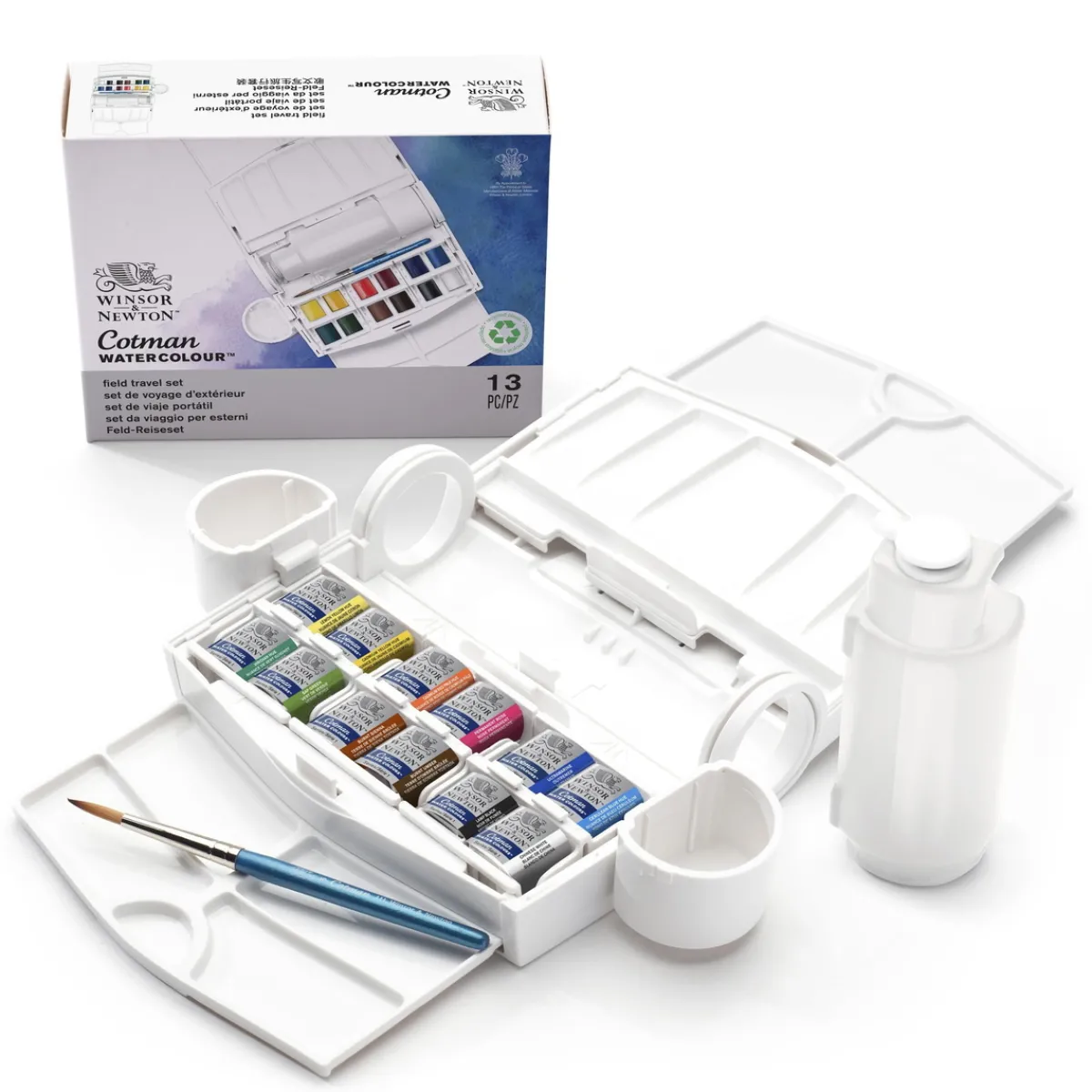 Winsor & Newton Cotman Field Travel Set, akvarellfärg i 12 halvkoppar, etui, flaska & pensel | Akvarell- & Vattenfärger
